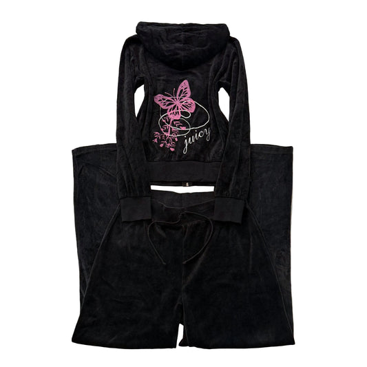 Juicy Couture Women's Black Velour Tracksuit Set Butterfly Graphic Y2K Size M