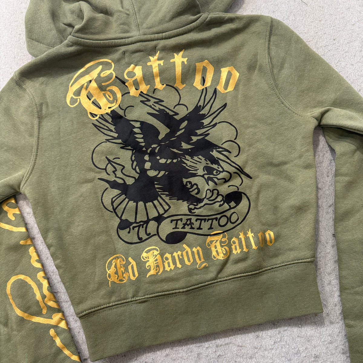 Ed Hardy Broken Hearts Cropped Zip Up Hoodie Olive Size S photo 6