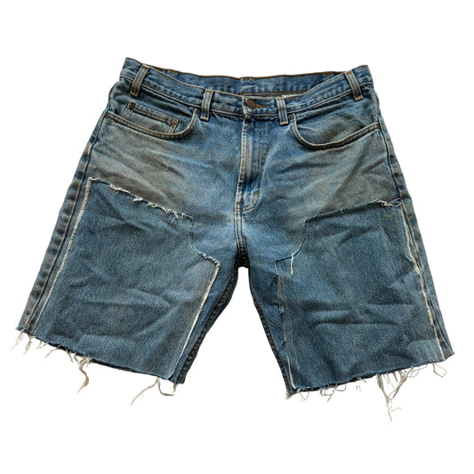 Kirkland Men's Medium Blue Denim Double Knee Cut-Off Shorts Frayed Hem Size 34