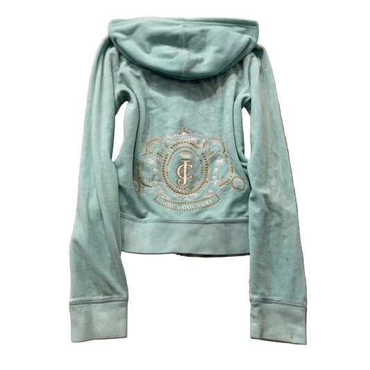 Juicy Couture Women's Teal Blue Velour Zip-Up Hoodie Pockets Crown Crest Size M