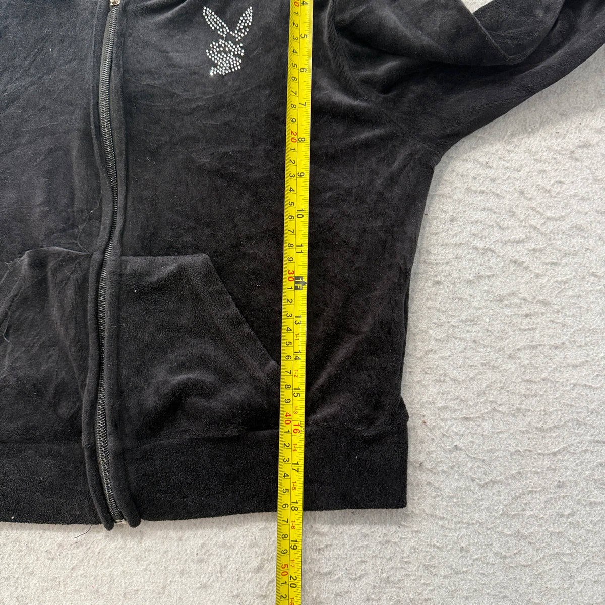 Playboy Women's Black Velour Cropped Zip Up Hoodie Rhinestone Logo Y2K Size M