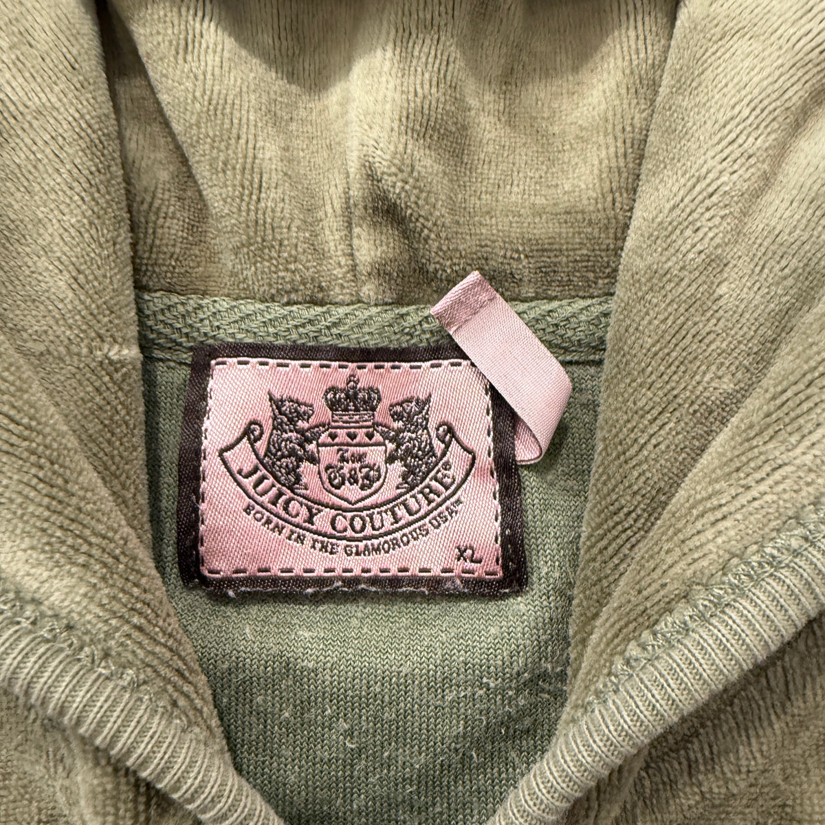 Juicy Couture Women's Olive Green Velour Zip-Up Hoodie Glitter Logo Y2K Size XL