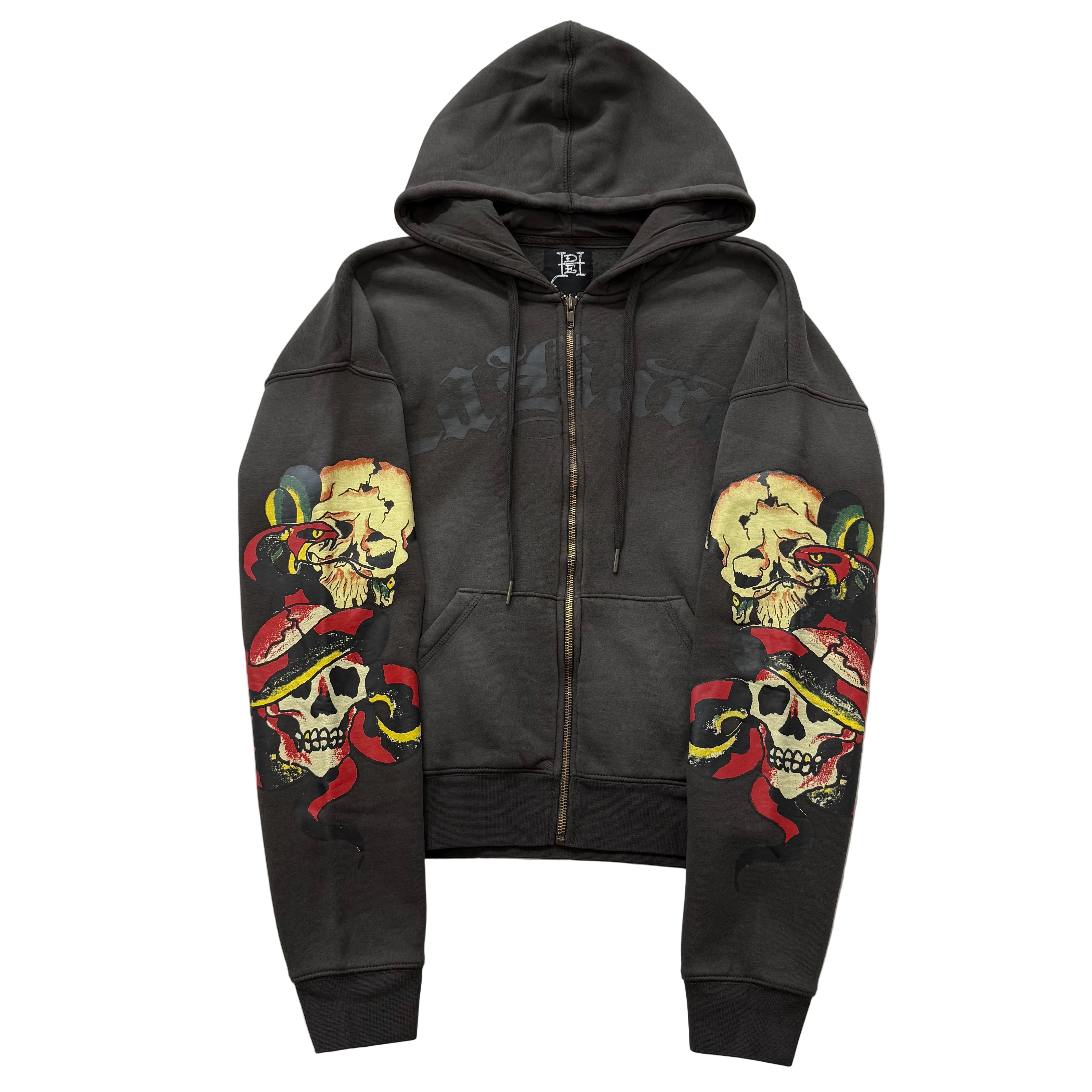 ED HARDY “Skulls” CHARCOAL SUNFADED BOXY ZIP UP HOODIE