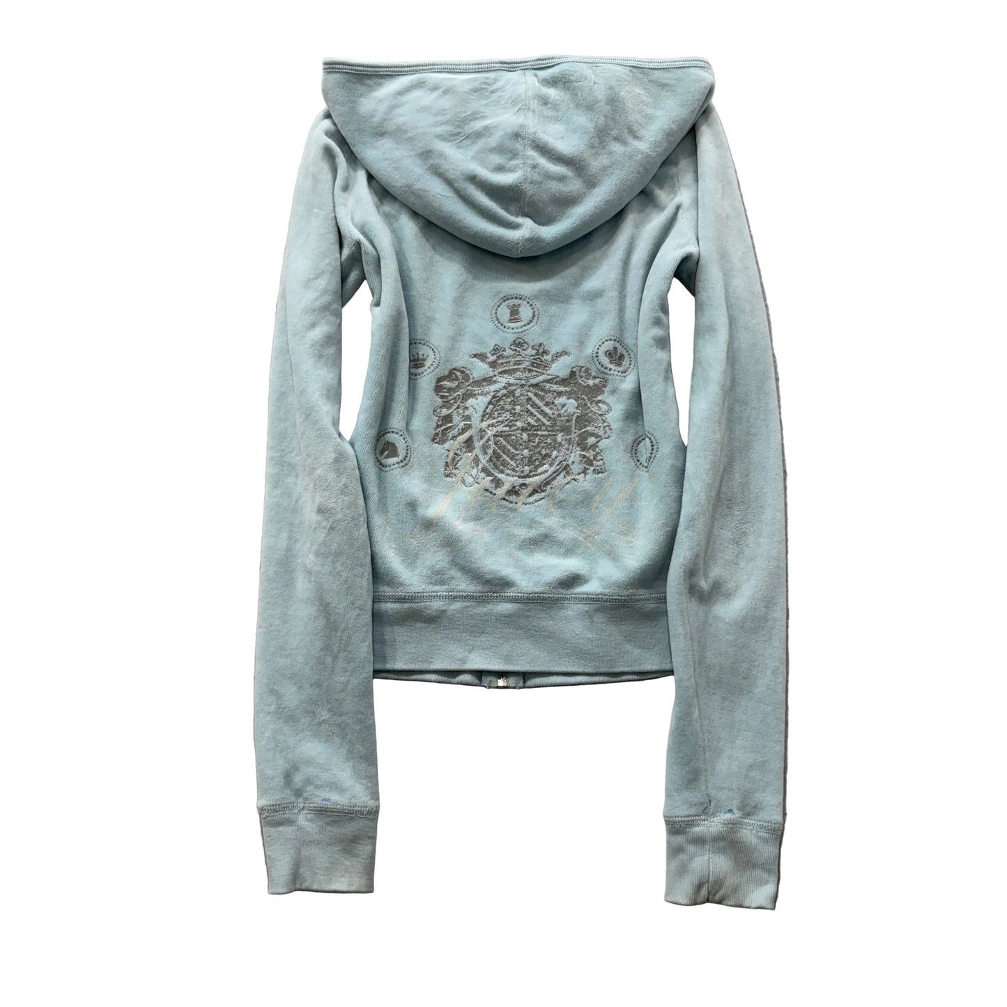Juicy Couture Women Light Blue Velour Zip-Up Hoodie Crest Logo Loungewear Size P