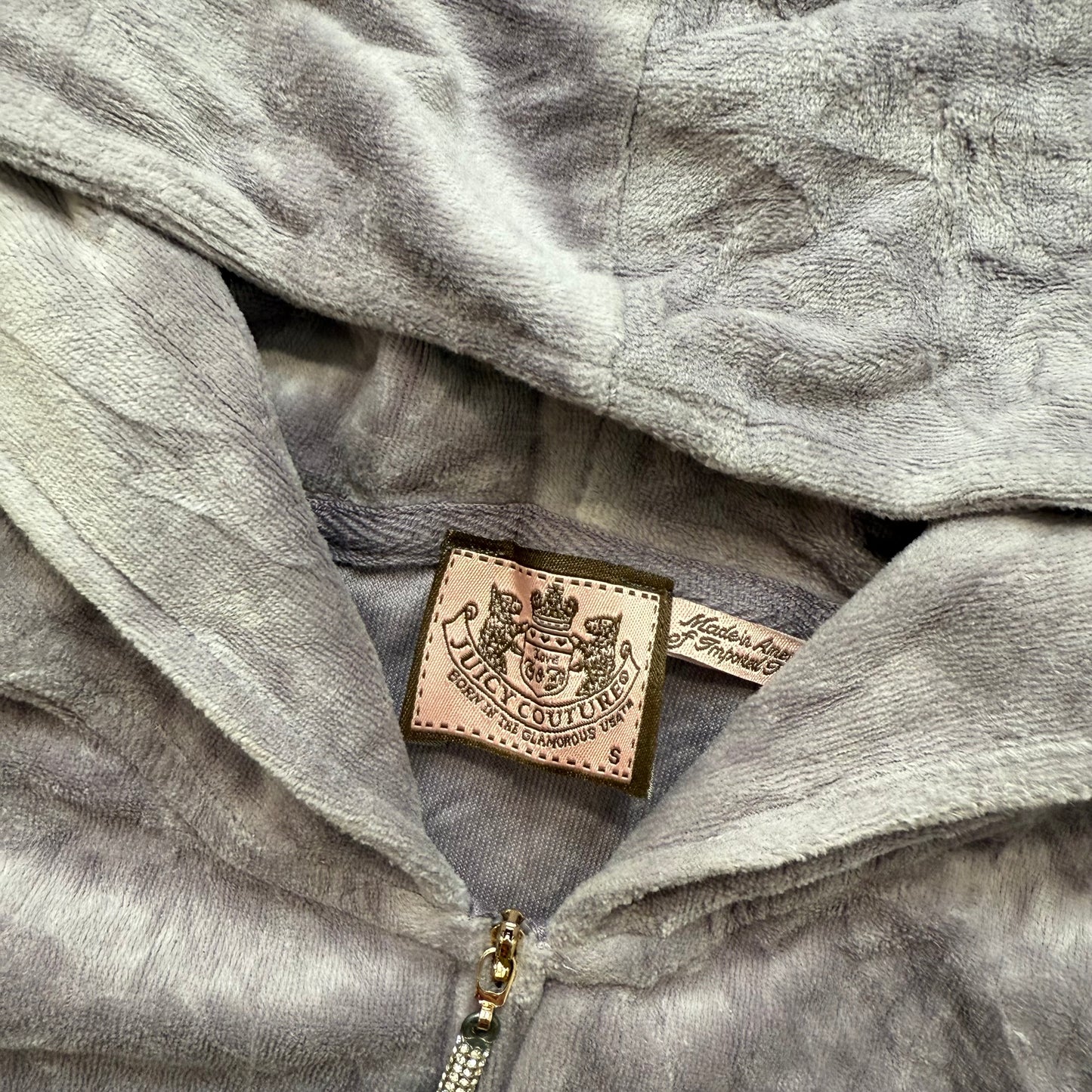 Vintage Juicy Couture Women's Gray Velour Zip-Up Hoodie Kangaroo Pockets Size S