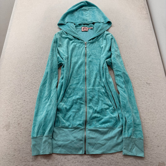Juicy Couture Women's Teal Blue Velour Zip-Up Hoodie Pockets Classic Size 1X
