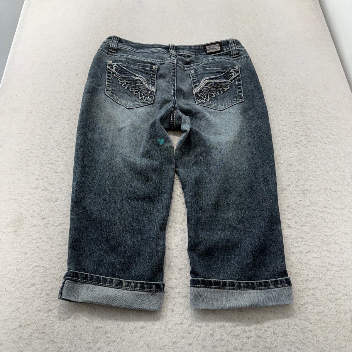 Earl Jean Women's Blue Dark Wash Denim Cuffed Capri Jeans Distressed Size 8P