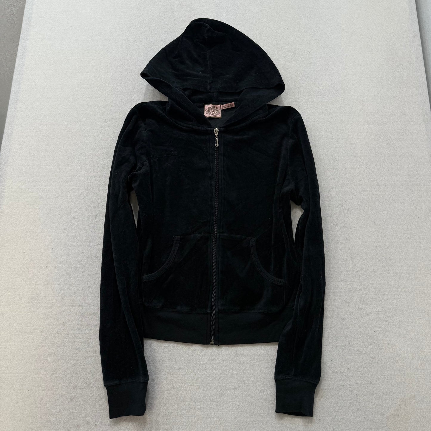 Juicy Couture Black Velour Tracksuit Set Zip Up Hoodie & Flared Pant Logo Size M