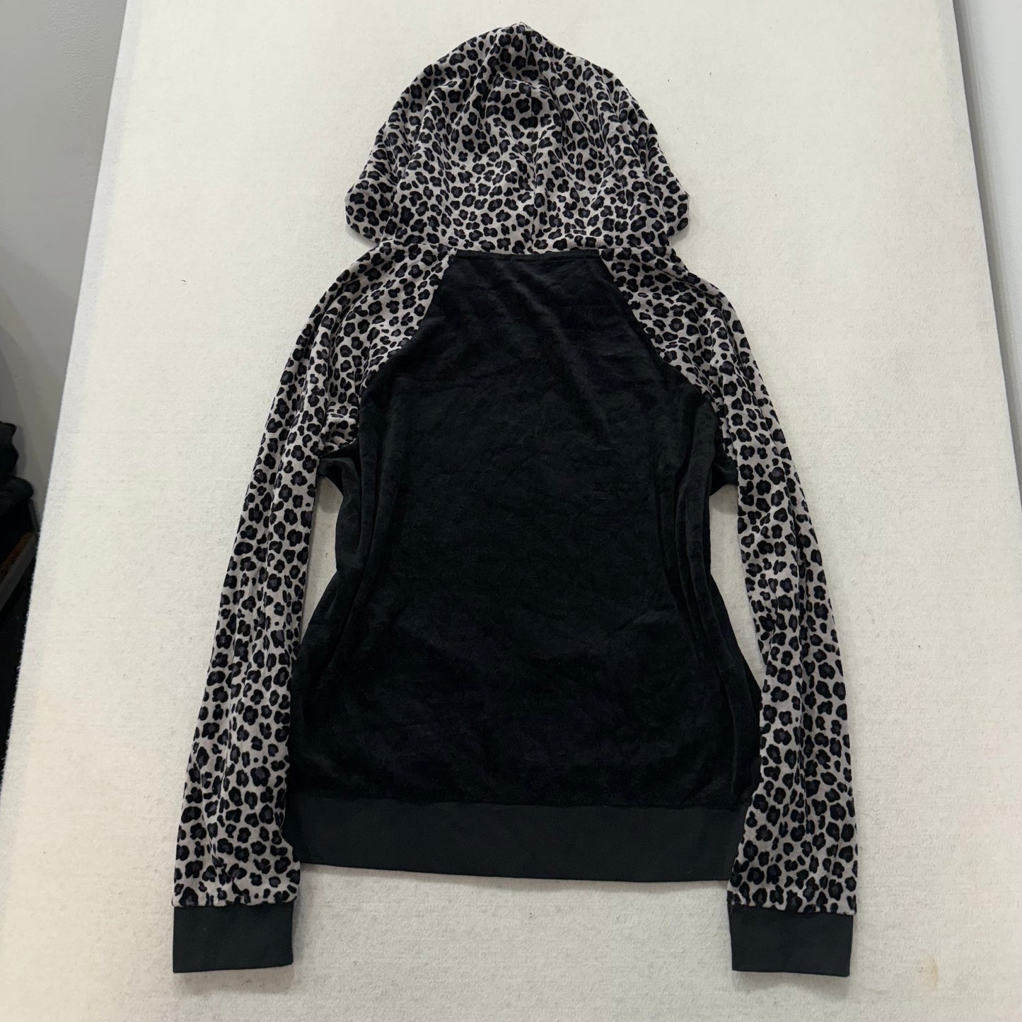 Juicy Couture Women's Black Leopard Print Velour Zip Up Hoodie Raglan Cut Size M