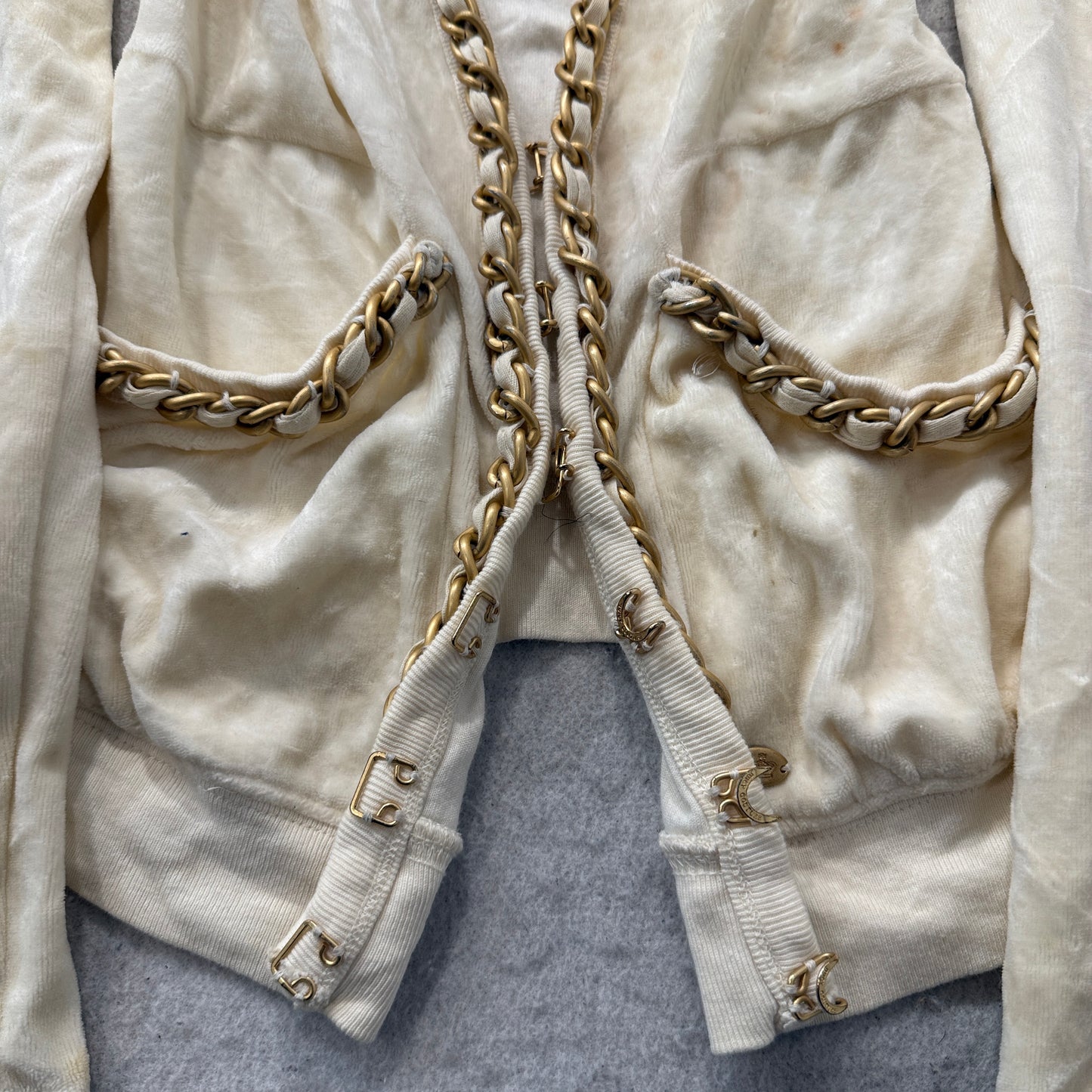 Juicy Couture Women's Cream Velour Zip-Up Hoodie Pockets Gold Chain Trim Size P
