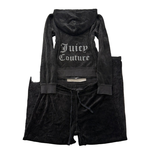 Juicy Couture Women's Black Velour Tracksuit Set Zip-Up Hoodie & Flare Pant - M