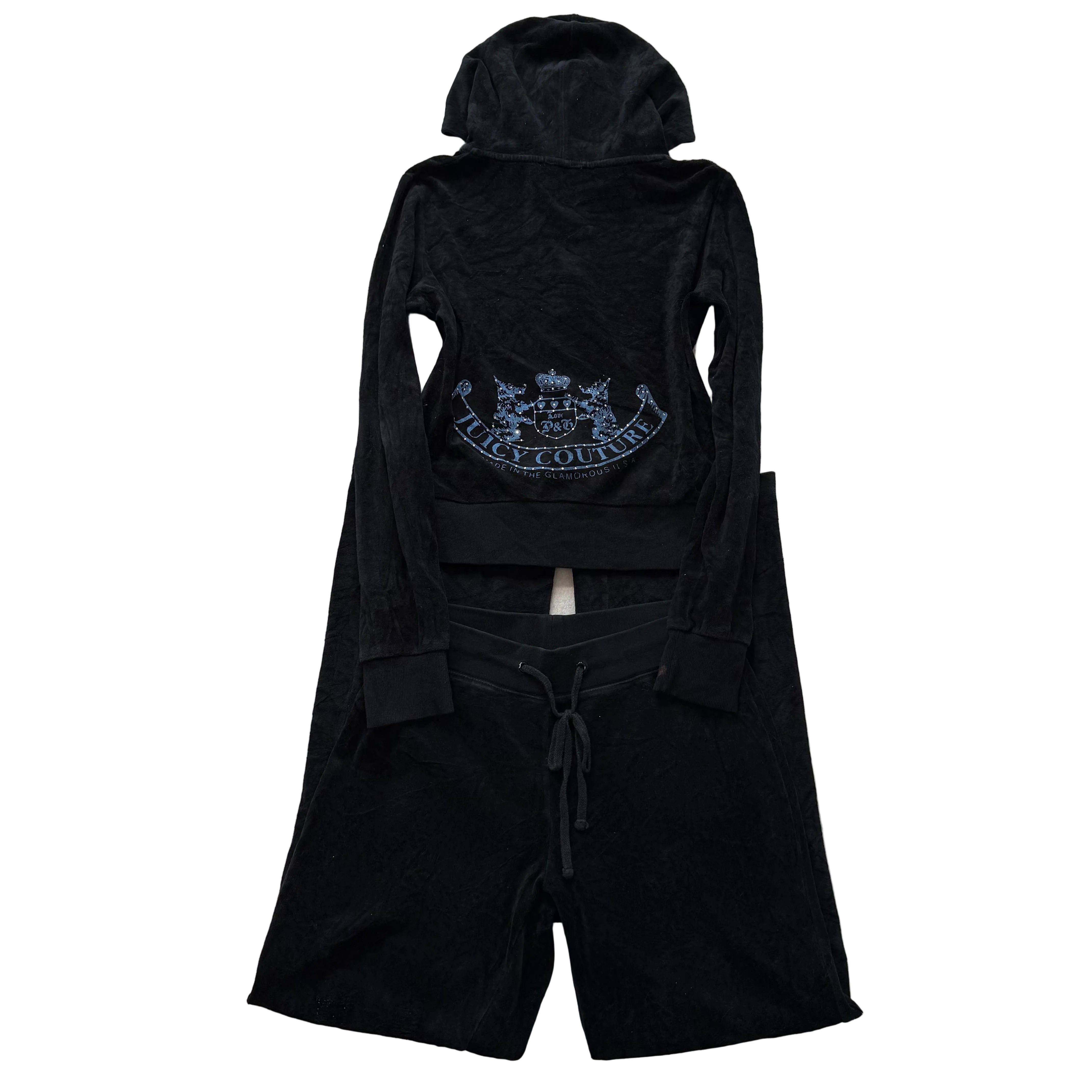 Juicy Couture Jet Black Velour Tracksuit Set Zip Up Hoodie & Flared Pant Size S