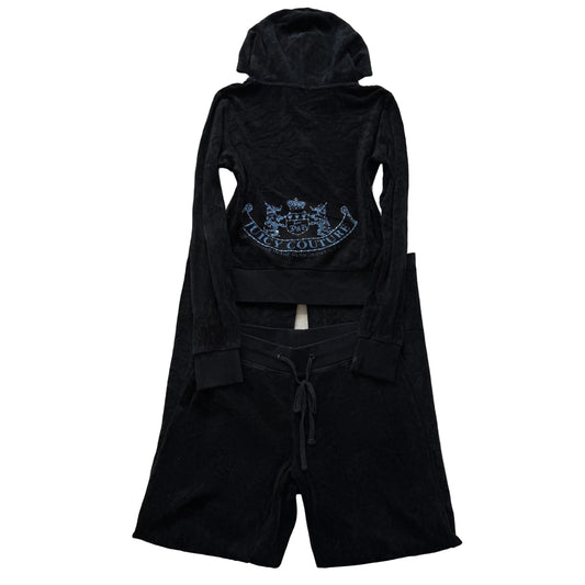 Juicy Couture Jet Black Velour Tracksuit Set Zip Up Hoodie & Flared Pant Size S