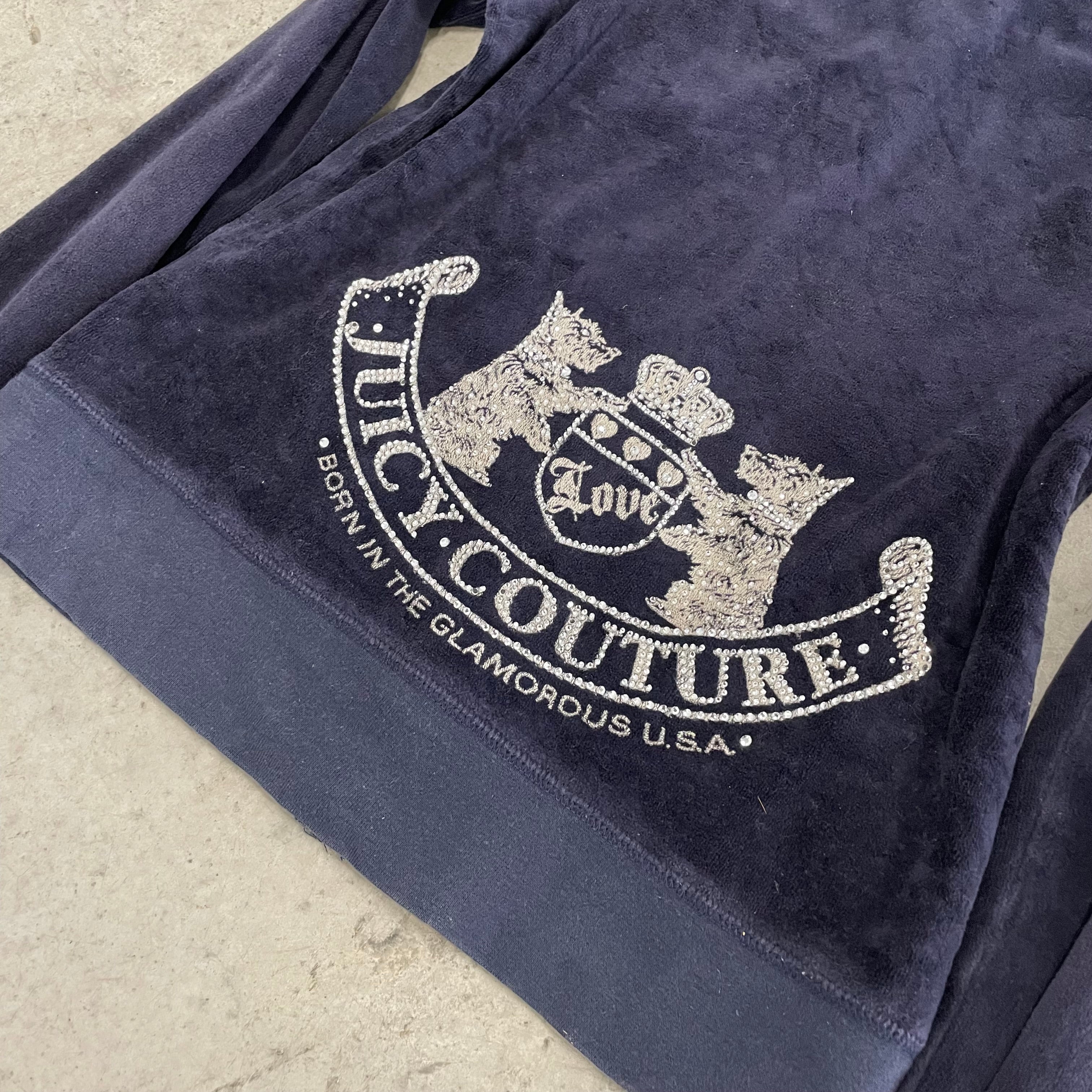 Vintage Juicy Couture “Scottie Dogs” Velour Rhinestone Navy Zip Up Hoodie Size M
