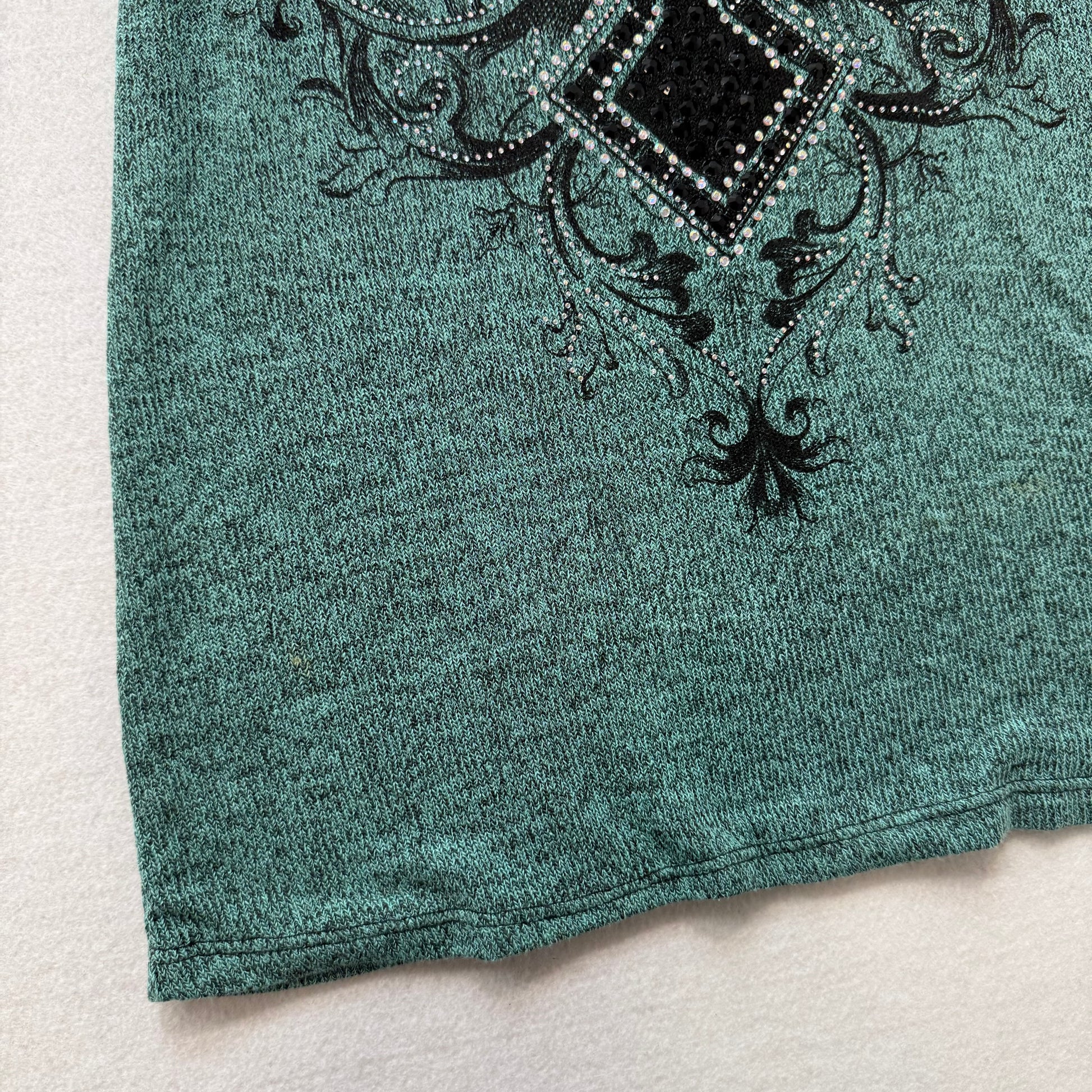 Vocal blue green rhinestone cross graphic stretch top size Medium - Clean Curriculums 