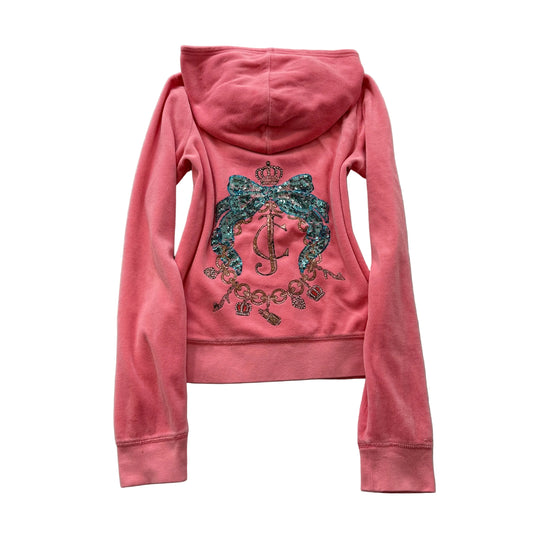 Juicy Couture Women's Pink Velour Zip-Up Hoodie Pockets Sequin Bow Logo Size XL