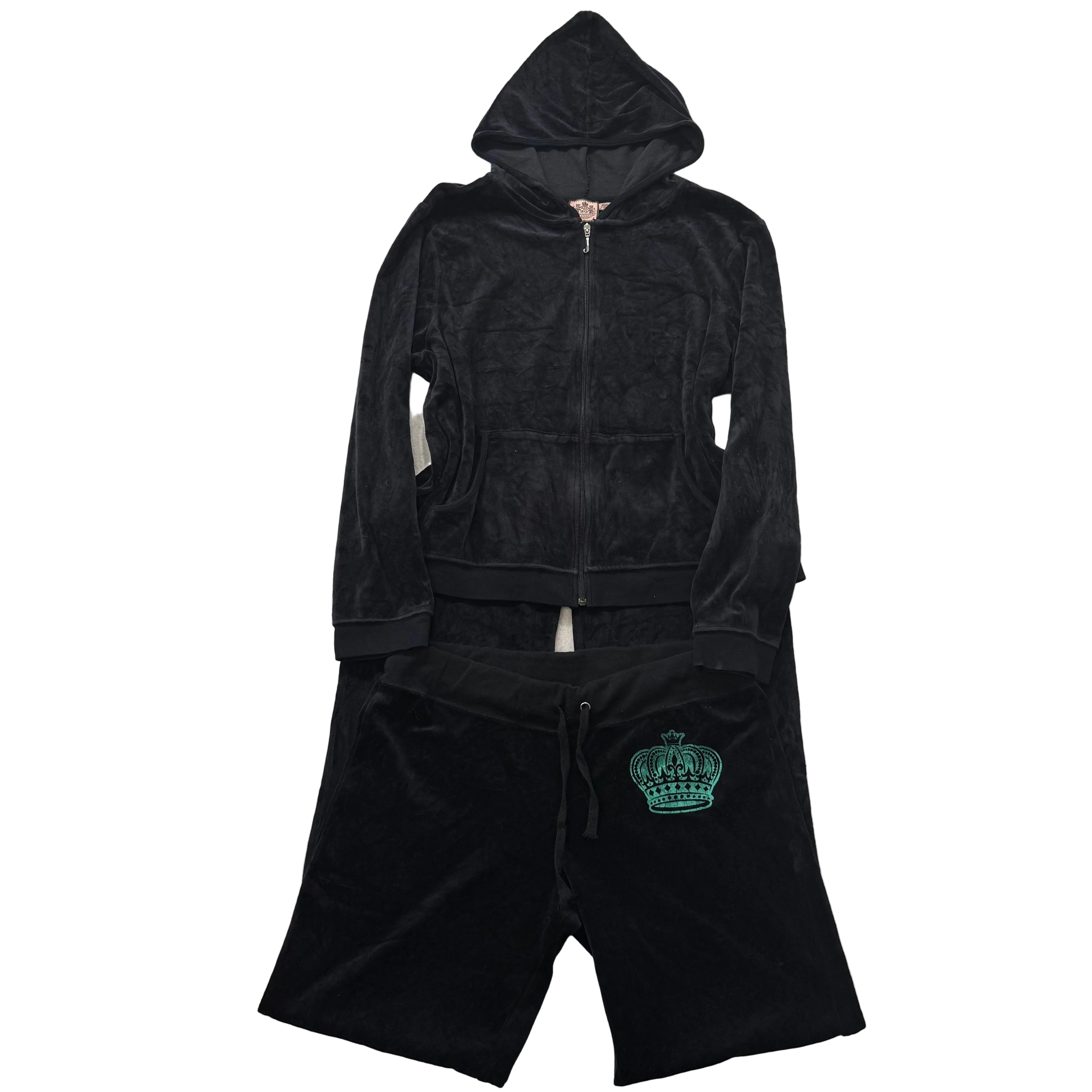 Juicy Couture Black Velour Tracksuit Set Zip Up Hoodie & Flare Pant Logo Size XL