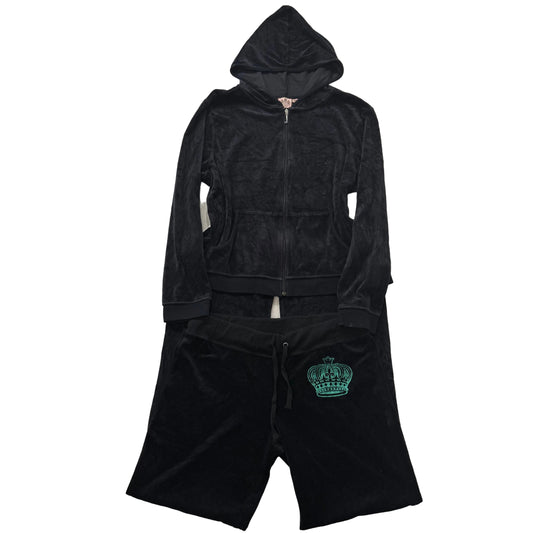 Juicy Couture Black Velour Tracksuit Set Zip Up Hoodie & Flare Pant Logo Size XL
