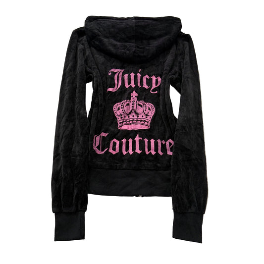 Juicy Couture Women's Black Velour Zip-Up Hoodie Crown Graphic Logo Y2K Size M