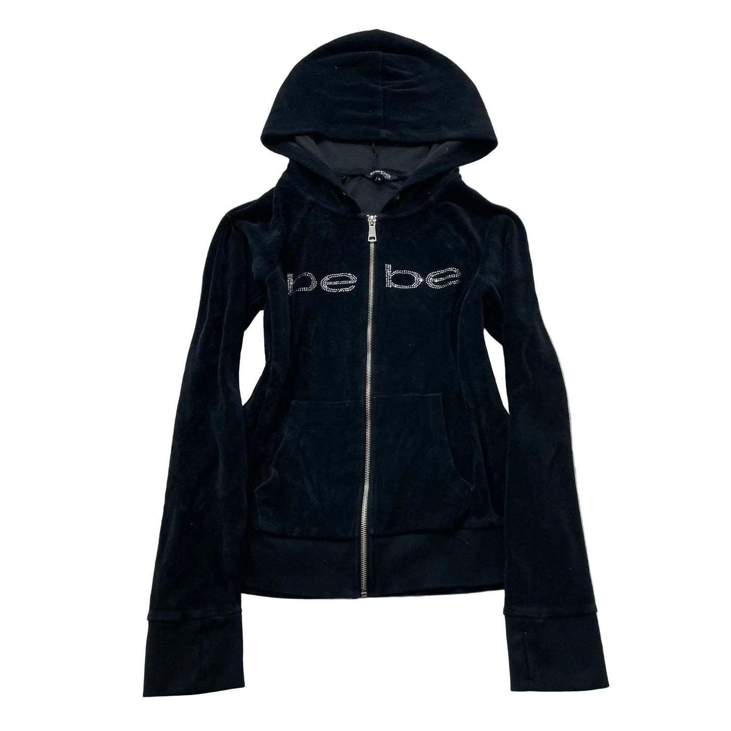 Bebe Sport Women's Black Velour Zip-Up Hoodie Long Sleeve Pockets Classic Size M