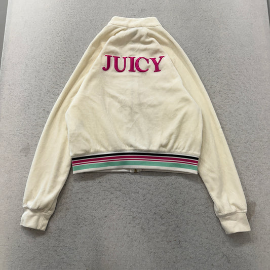 Juicy Couture Women's Ivory Velour Zip-Up Jacket High Collar Striped Hem Size S