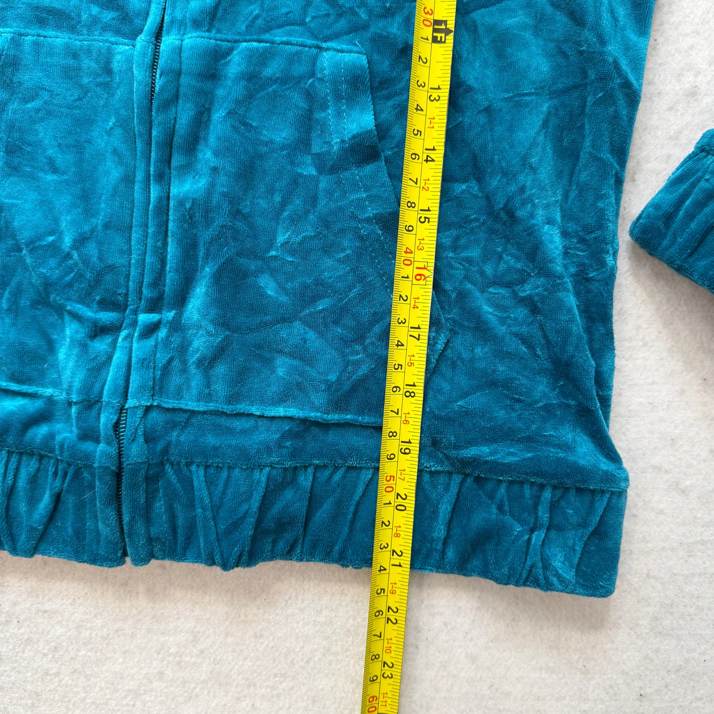 Juicy Couture Women's Turquoise Blue Velour Zip Up Hoodie Ruched Hem Logo Size L