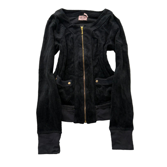 Vintage Juicy Couture Women's Black Velour Zip-Up Track Jacket Pockets Size L