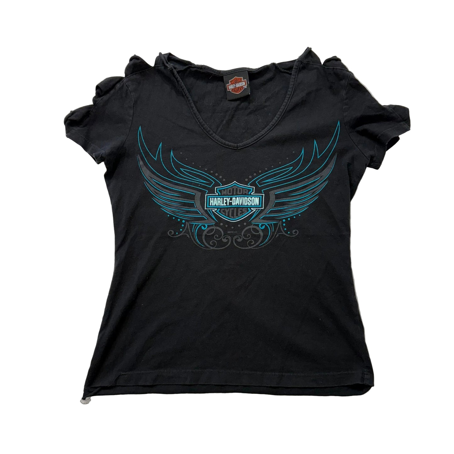 Harley-Davidson Women's T-Shirt Shredded Short Sleeve V-Neck Wing Graphic Size L