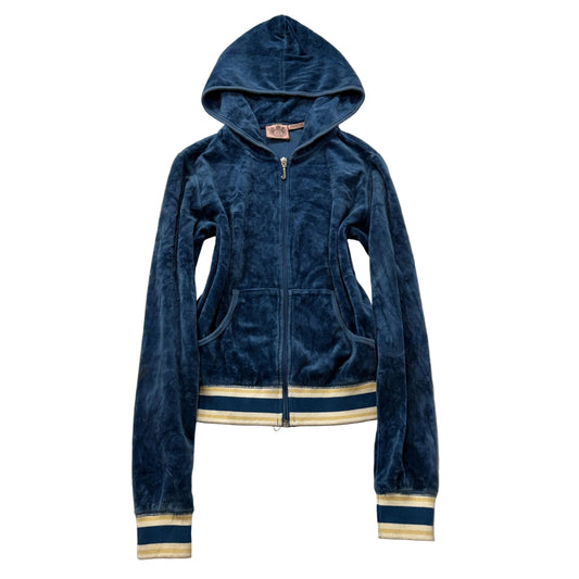 Vintage Juicy Couture Womens Navy Blue Velour Zip-Up Hoodie Striped Cuffs Size S