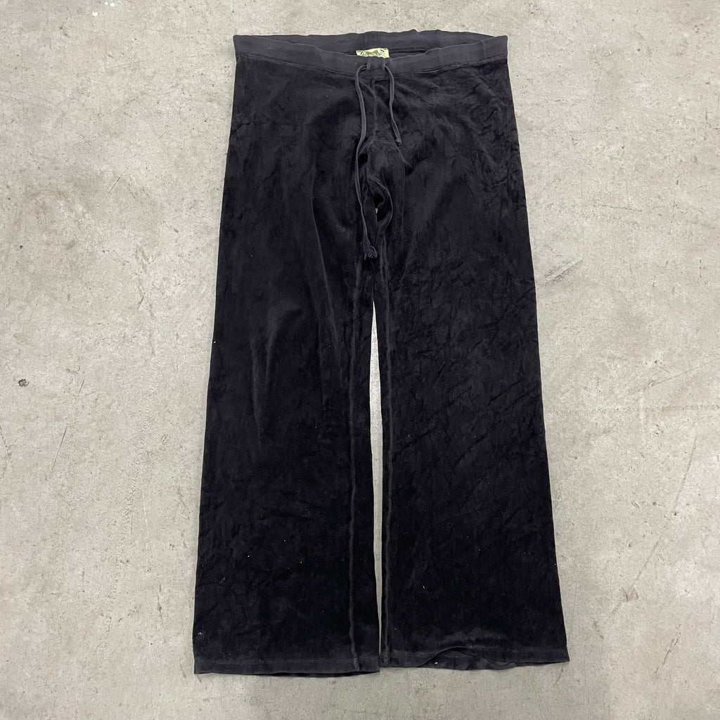 2003 Vintage Juicy Couture rhinestones flower design black velour flared pants size L