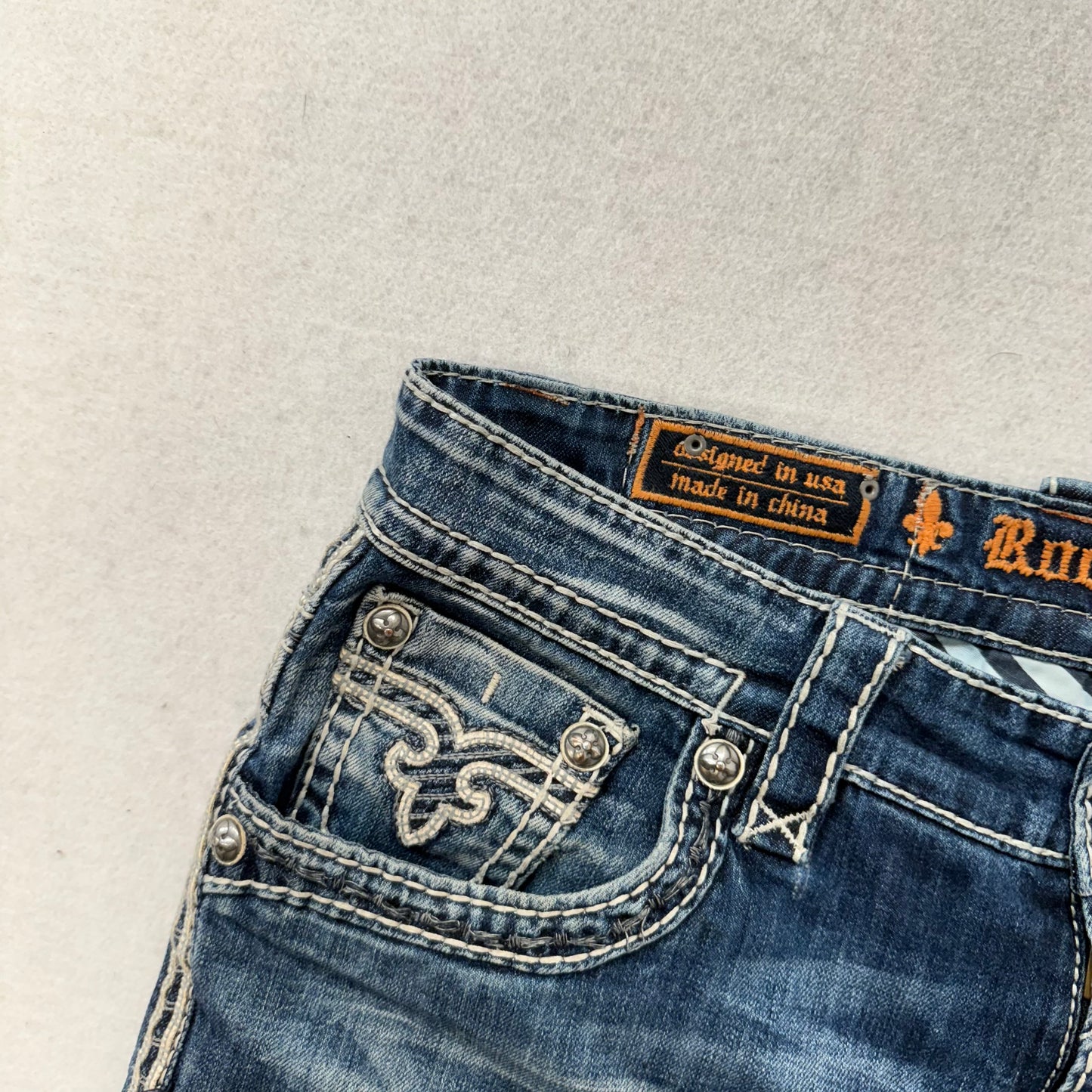 Rock Revival Auster Women's Blue Denim Bootcut Jeans Fleur-De-Lis Pocket Size 34