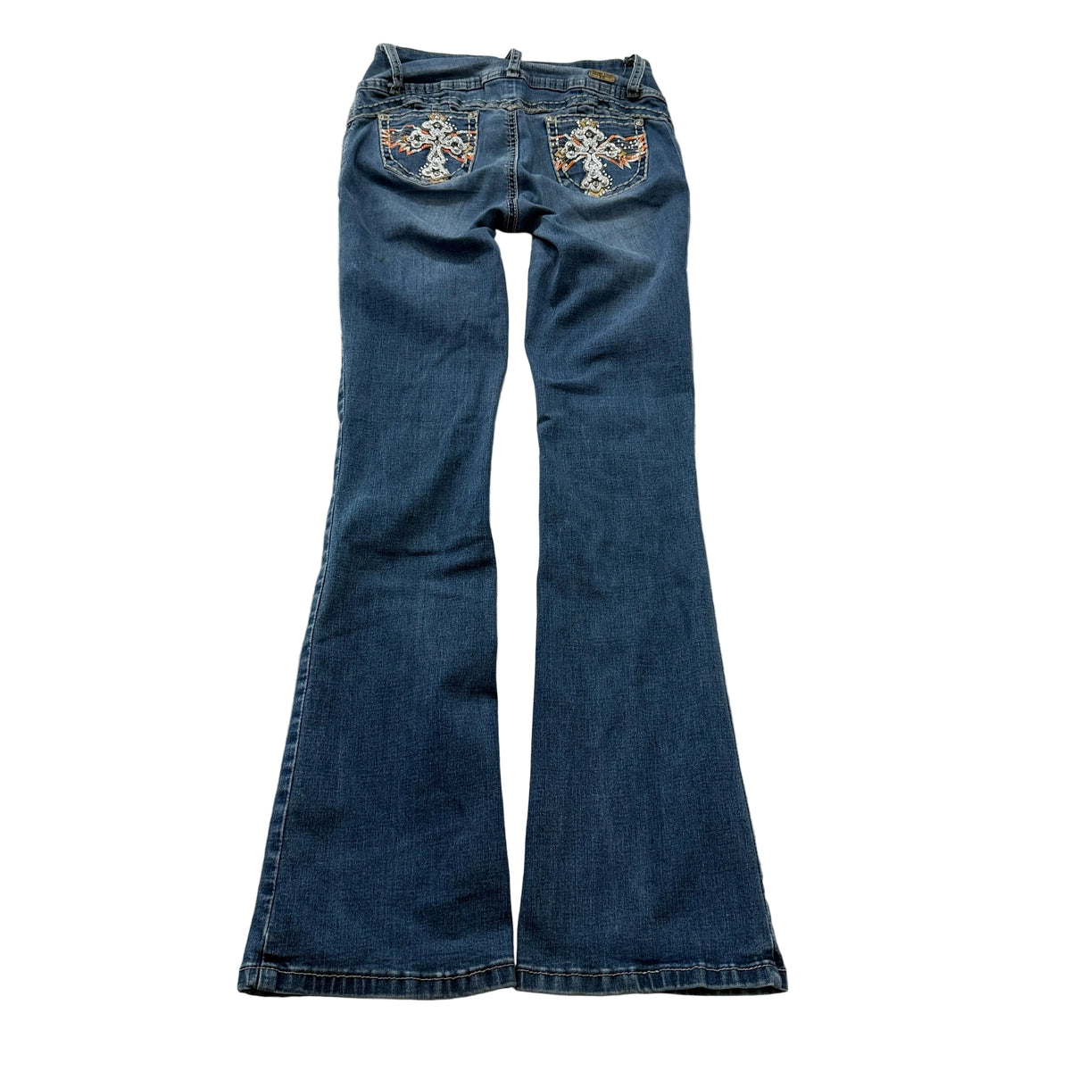 Silver Diva cross rhinestone flare jeans back size 5