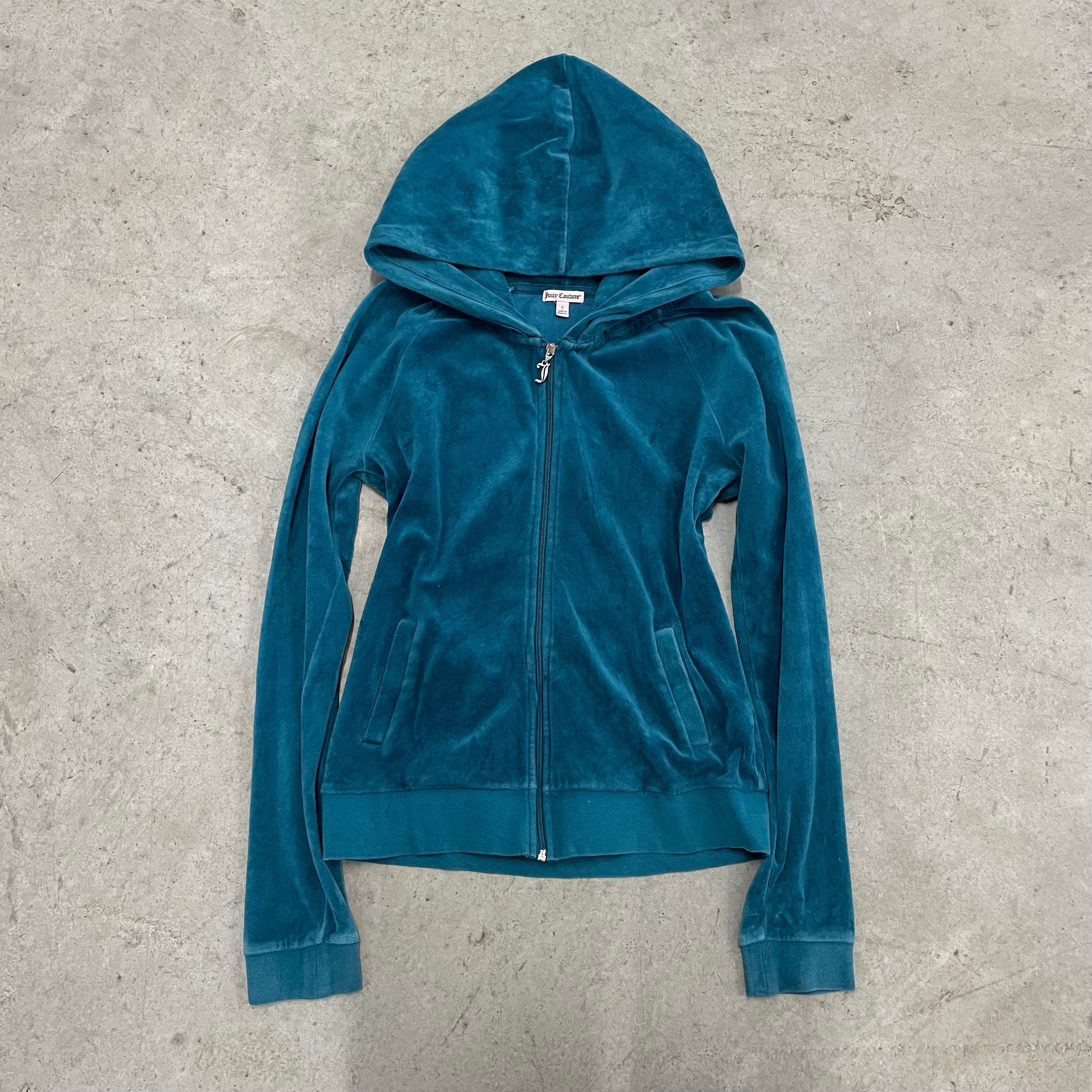 Vintage Juicy Couture Crown rhinestone Design Velour Teal Zip Up hoodie size S