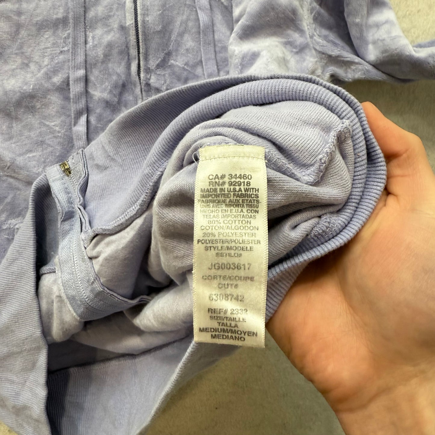 Juicy Couture Los Anglos Lavender Velour Zip-Up Hoodie Rhinestone Pockets Size M