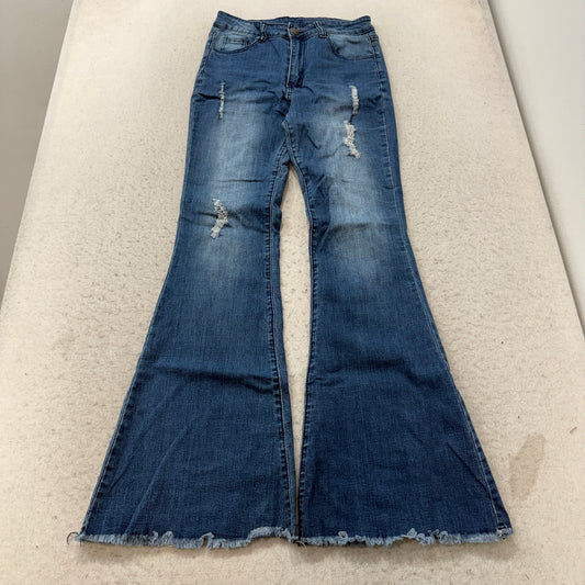 Crazy Train Flare Jeans Women's Blue Distressed Frayed Hem Bell Bottom Size 7 photo 1