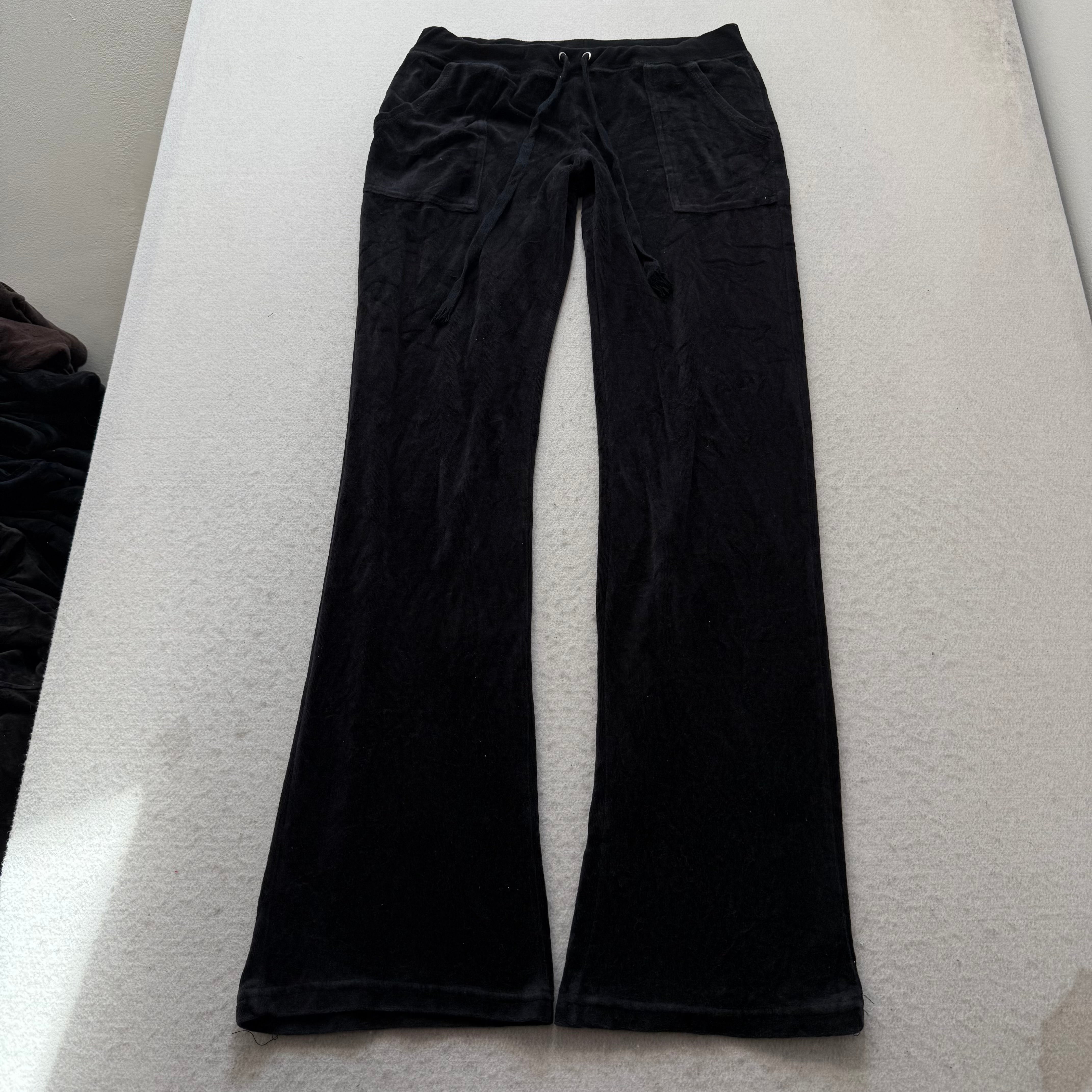 Juicy Couture Women's Black Velour Flared Track Pants Pockets Drawstring Size M