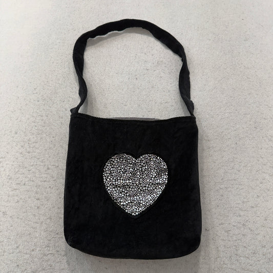Victoria's Secret PINK Black Velour Heart Rhinestones Casual Shoulder Tote Bag