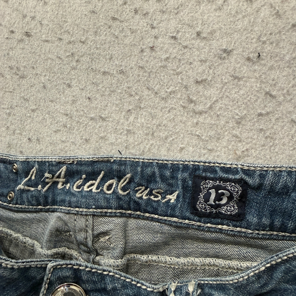 L.A. Idol Cutoff Denim Shorts Women's Blue Embellished Pocket Frayed Size 13 photo 3