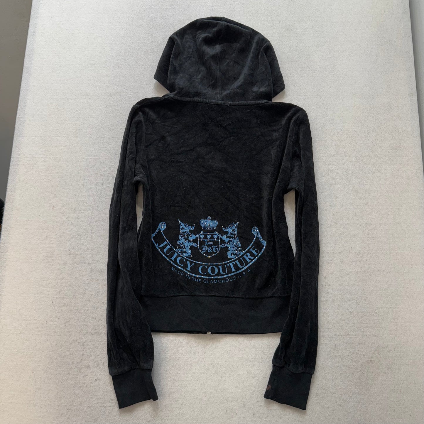 Juicy Couture Jet Black Velour Tracksuit Set Zip Up Hoodie & Flared Pant Size S