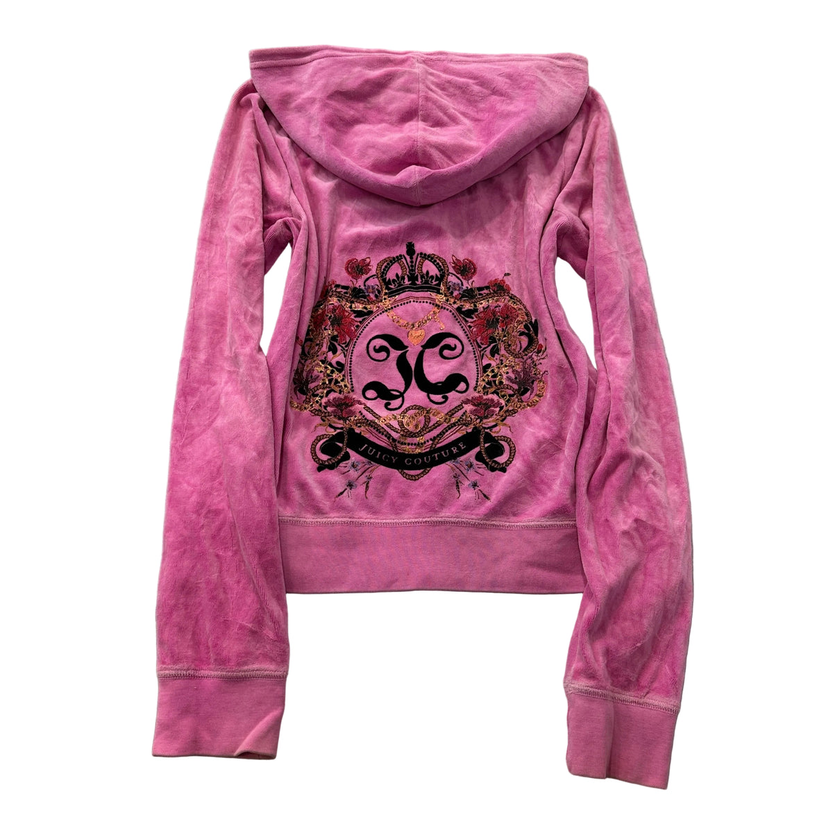 Juicy Couture Women's Pink Velour Zip-Up Hoodie Royal Crest Graphic Logo Size XL