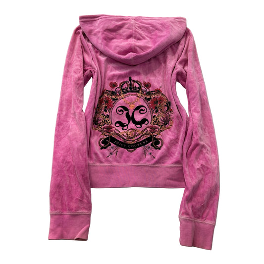 Juicy Couture Women's Pink Velour Zip-Up Hoodie Royal Crest Graphic Logo Size XL