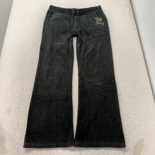 Juicy Couture Women's Black Velour Flared Track Pants Back Snap Pockets Size M