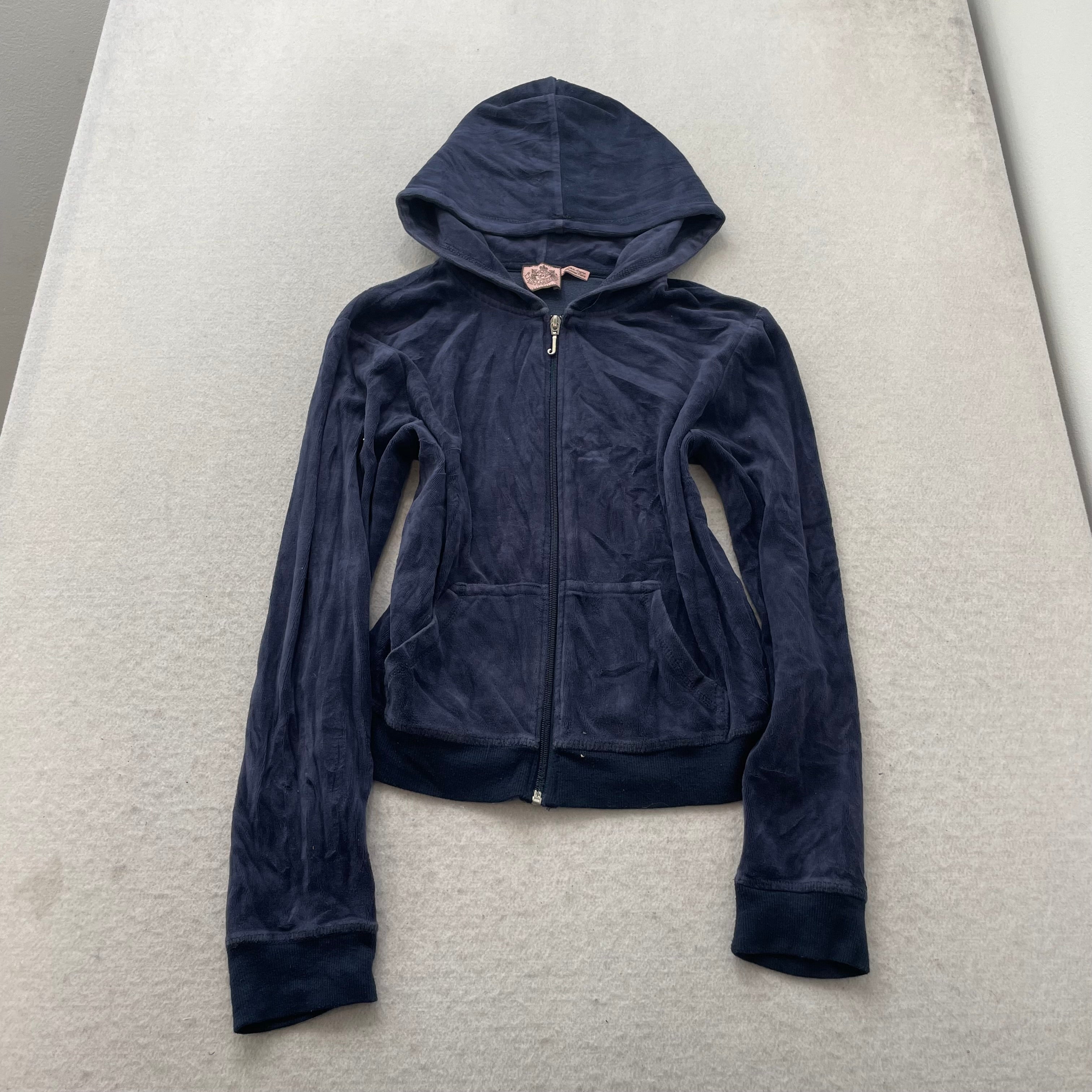 Vintage Juicy Couture Women Navy Velour Tracksuit Set Hoodie & Track Pant Size L