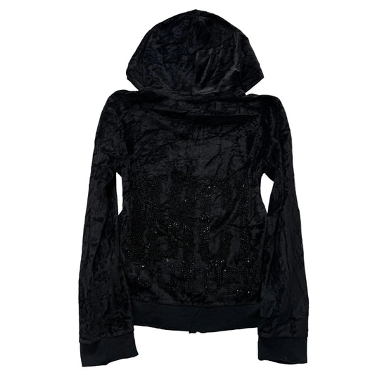 Juicy Couture Women's Jet Black Velour Zip Up Hoodie Rhinestones Logo Y2K Size M