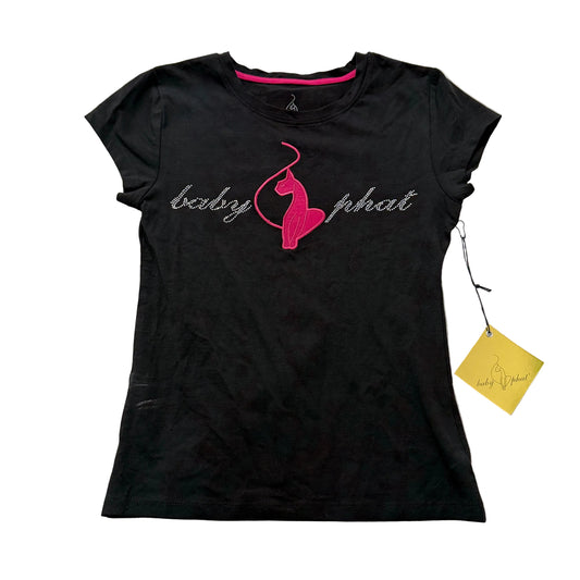 Baby Phat Womens Black Cotton T-Shirt Stretch Rhinestone Panther Logo Tee Size M