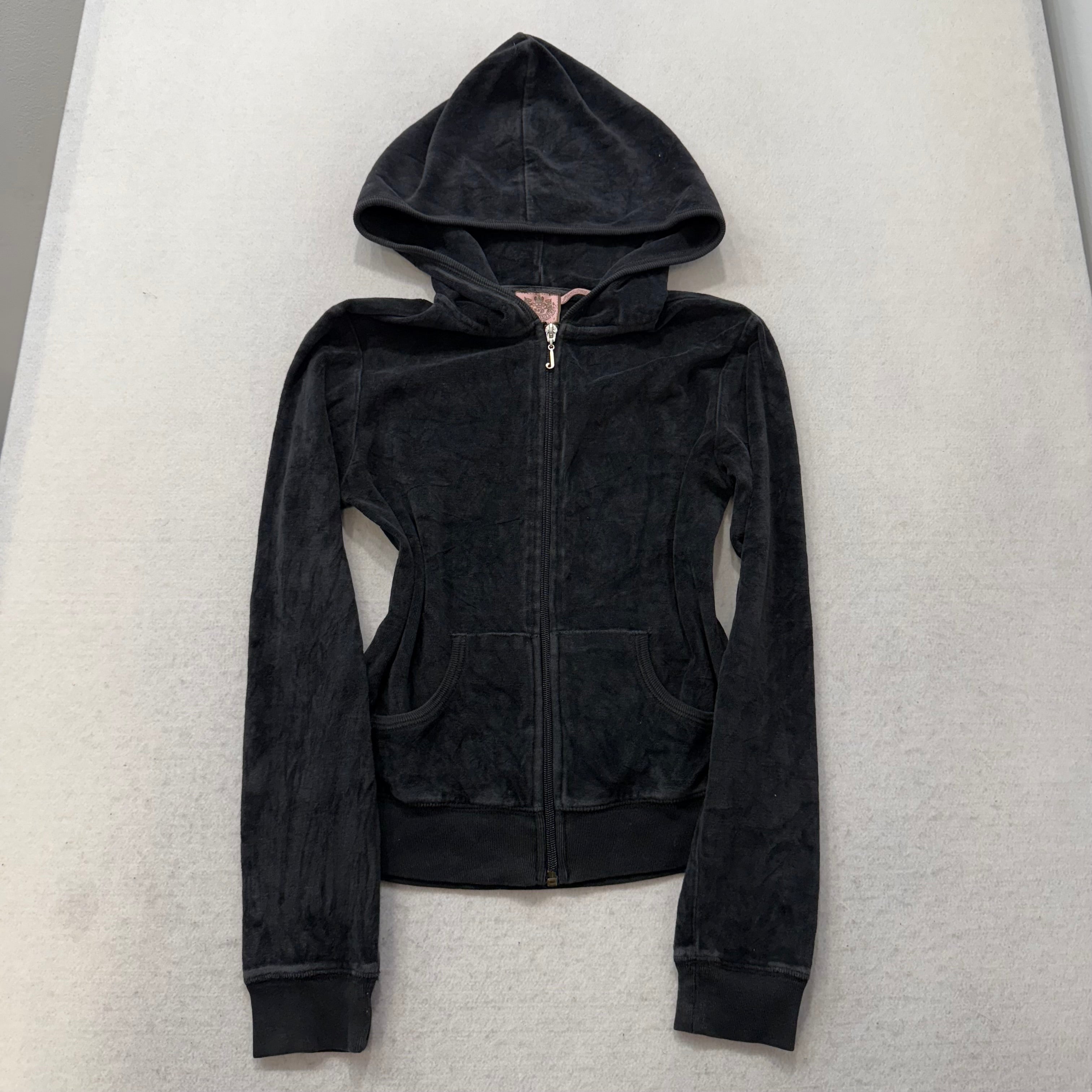 Juicy Couture Black Velour Tracksuit Set Zip Up Hoodie & Flared Pant Logo Size S