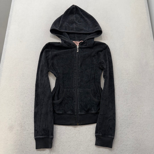 Juicy Couture Black Velour Tracksuit Set Zip Up Hoodie & Flared Pant Logo Size S