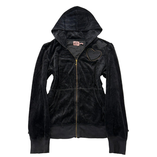 Juicy Couture Women Black Velour Zip-Up Hoodie Pockets Embroidered Heart Size 2X