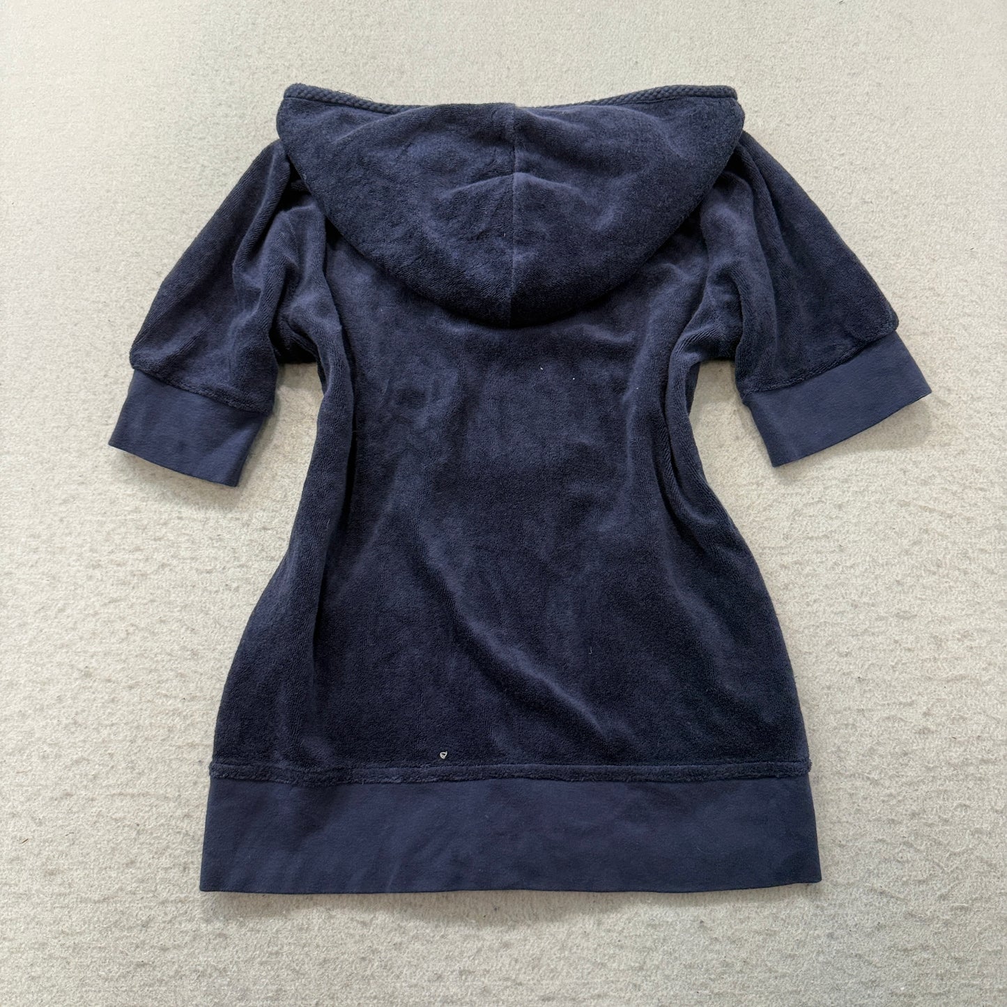 Juicy Couture Women's Navy Blue Velour Half Sleeve Zip-Up Hoodie Pockets Size M