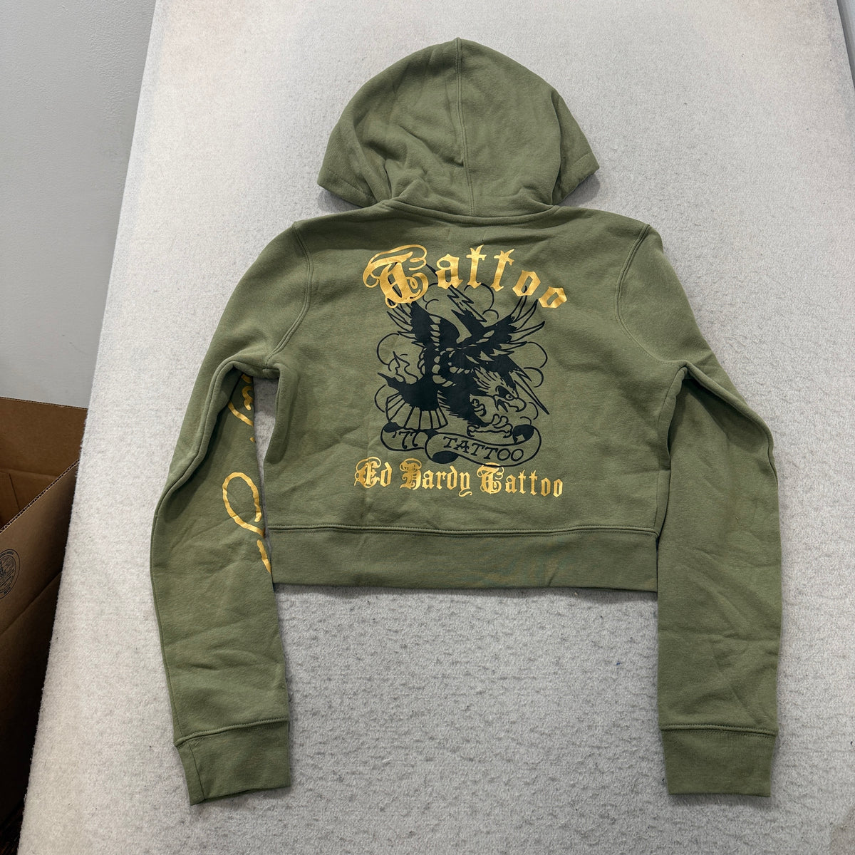 Ed Hardy Broken Hearts Cropped Zip Up Hoodie Olive Size S photo 2